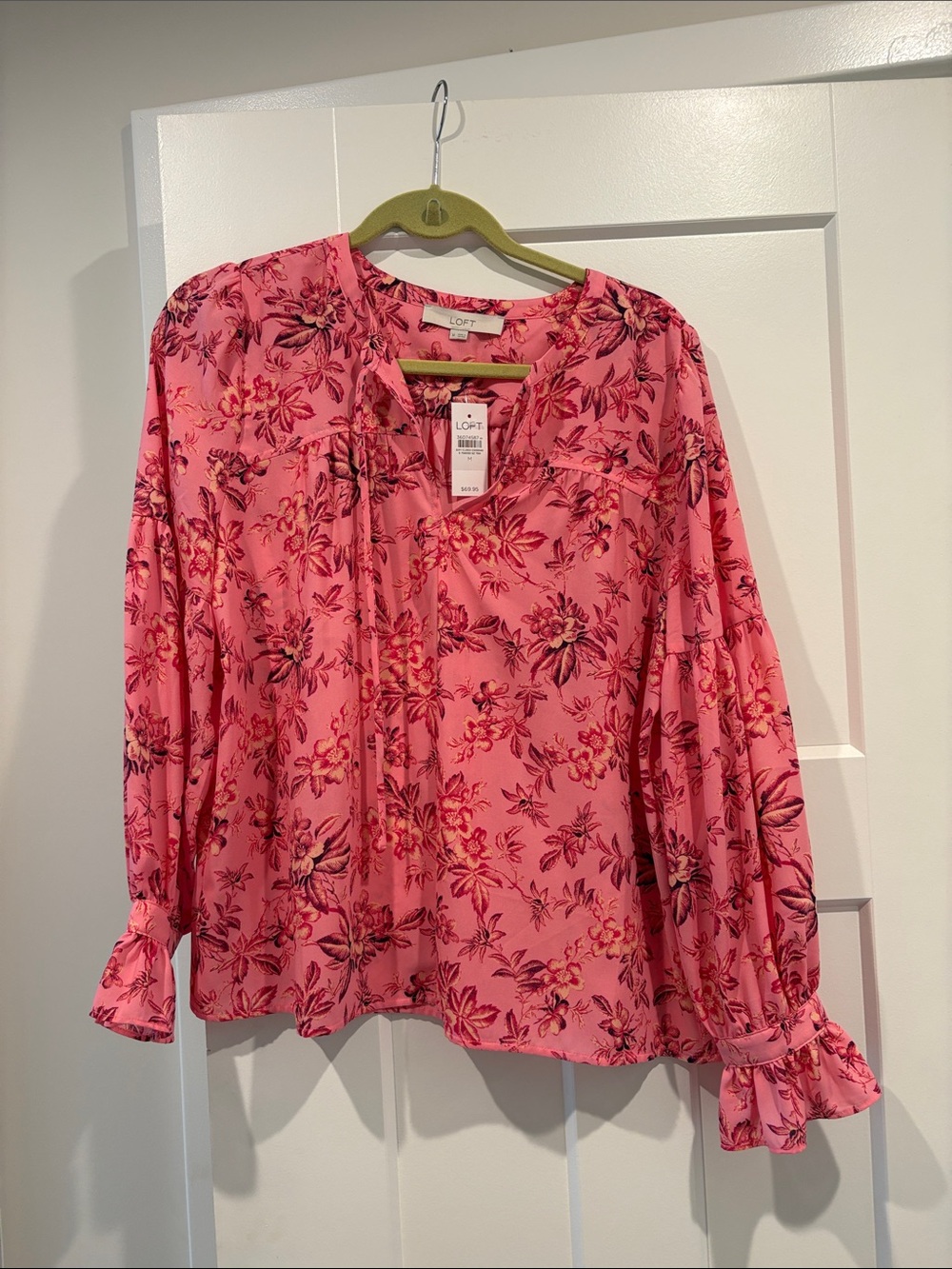 LOFT Pink Floral Peasant Blouse with Ruffle Cuffs
